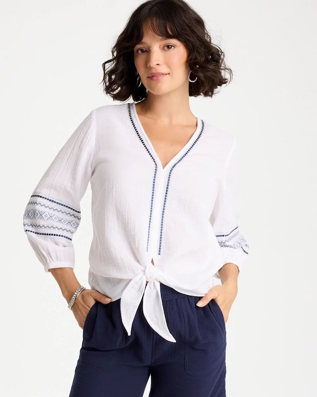 Cotton Gauze Embroidered Tie-Front Blouse - image 1